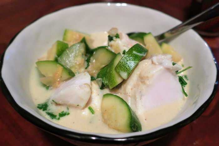 Poached Fish Curry over Zucchini
